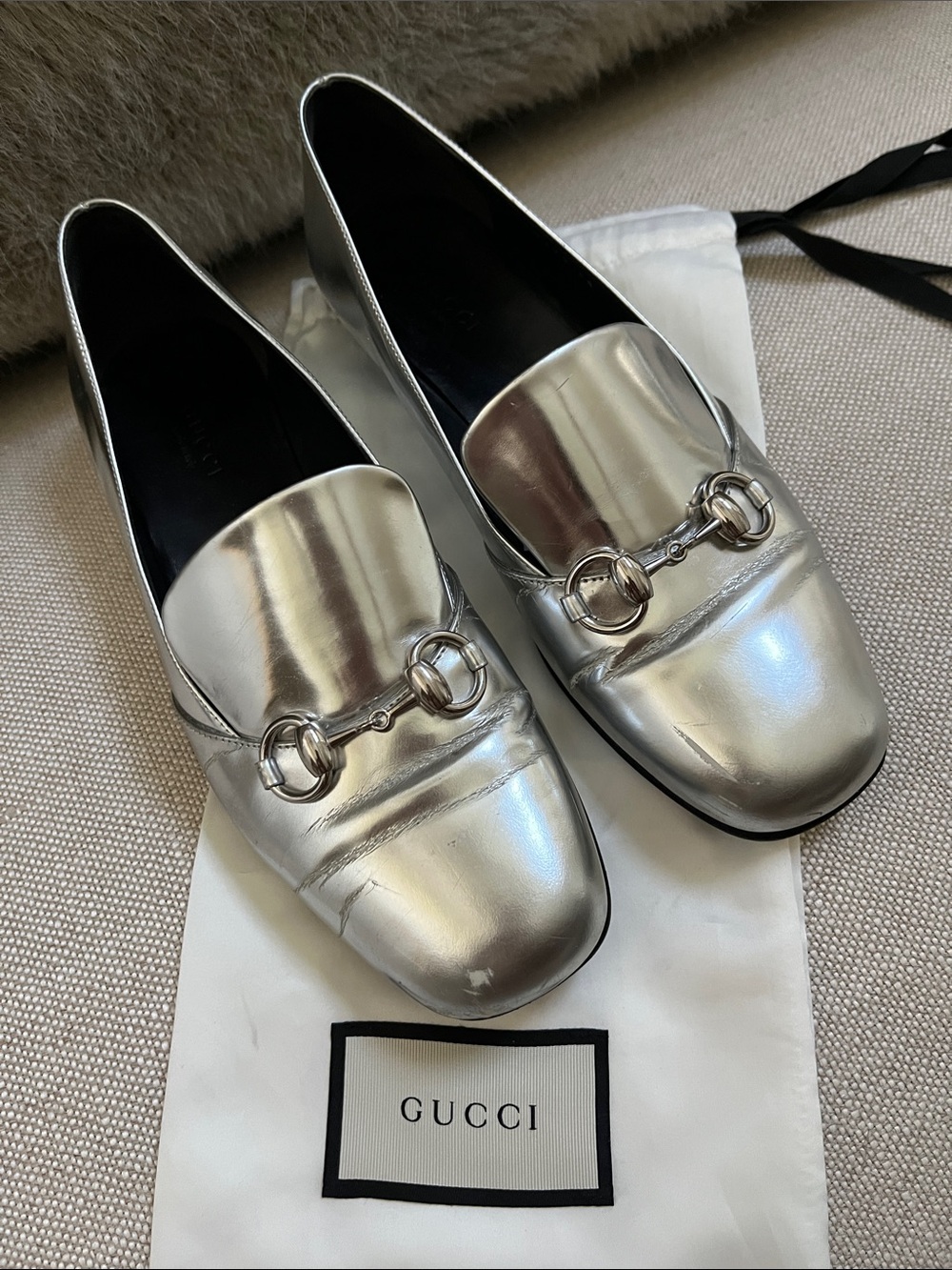 Gucci Metallic Silver Leather Horsebit Loafers